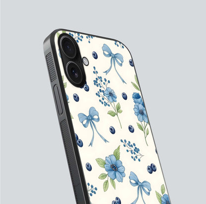 Blue Flower & Bow Glass Case for iPhone 16 close-up shot highlighting ribbon detail and flower gloss finish