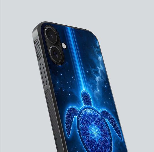 Blue Galaxy Turtle Glass Case for iPhone 16 close-up image showing turtle shell detail and glowing galaxy tones