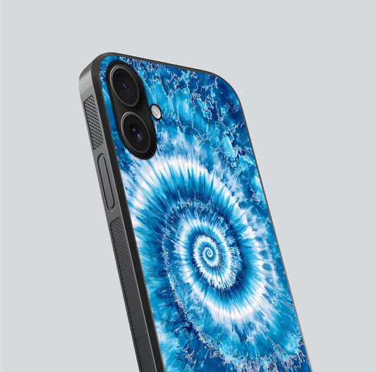 Blue Galaxy Wave Glass Case for iPhone 16 close-up highlighting fluid wave motion and deep-blue reflection