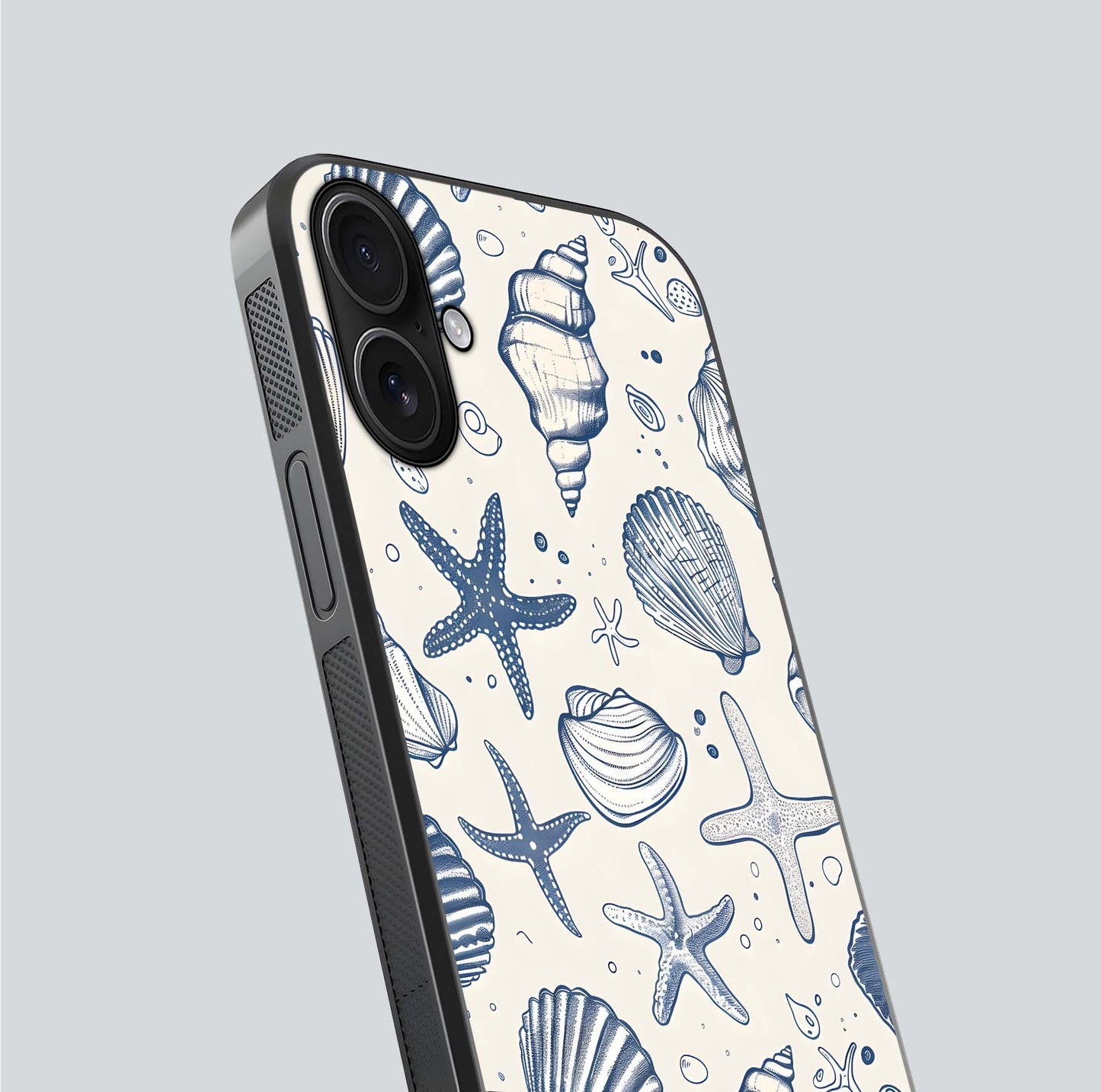 Blue Ocean Outline Glass Case for iPhone 16 close-up shot highlighting line art details and reflection texture