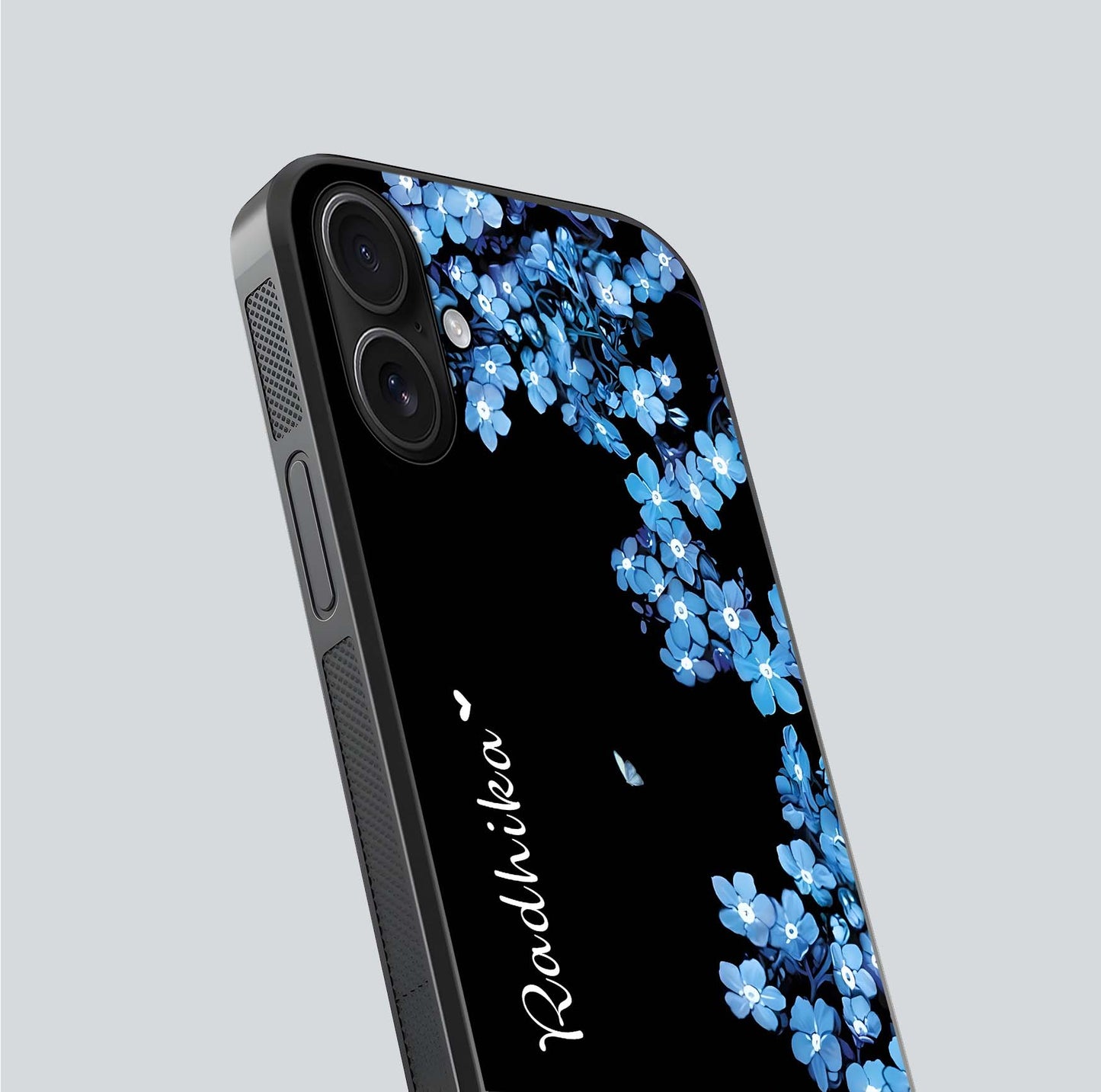 Blue Petal Dream Custom Name Glass Case for iPhone 16 close-up highlighting petal texture and gloss reflection