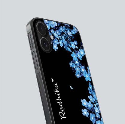 Blue Petal Dream Custom Name Glass Case for iPhone 16 close-up highlighting petal texture and gloss reflection