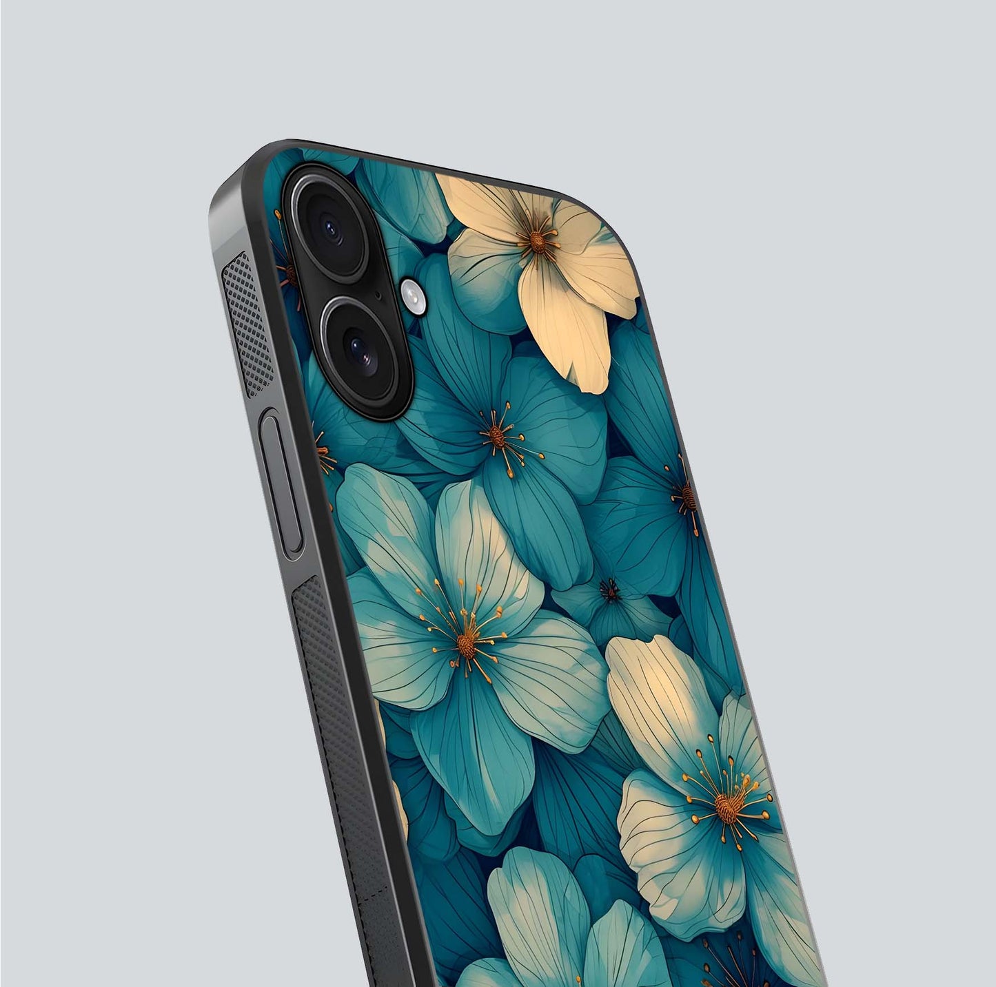 Blue Shade Floral Glass Case for iPhone 16 close-up angle showing flower print precision and reflection