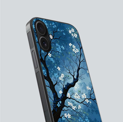 Blue Tree Serenity Glass Case for iPhone 16 close-up view highlighting tree branches and reflection gloss