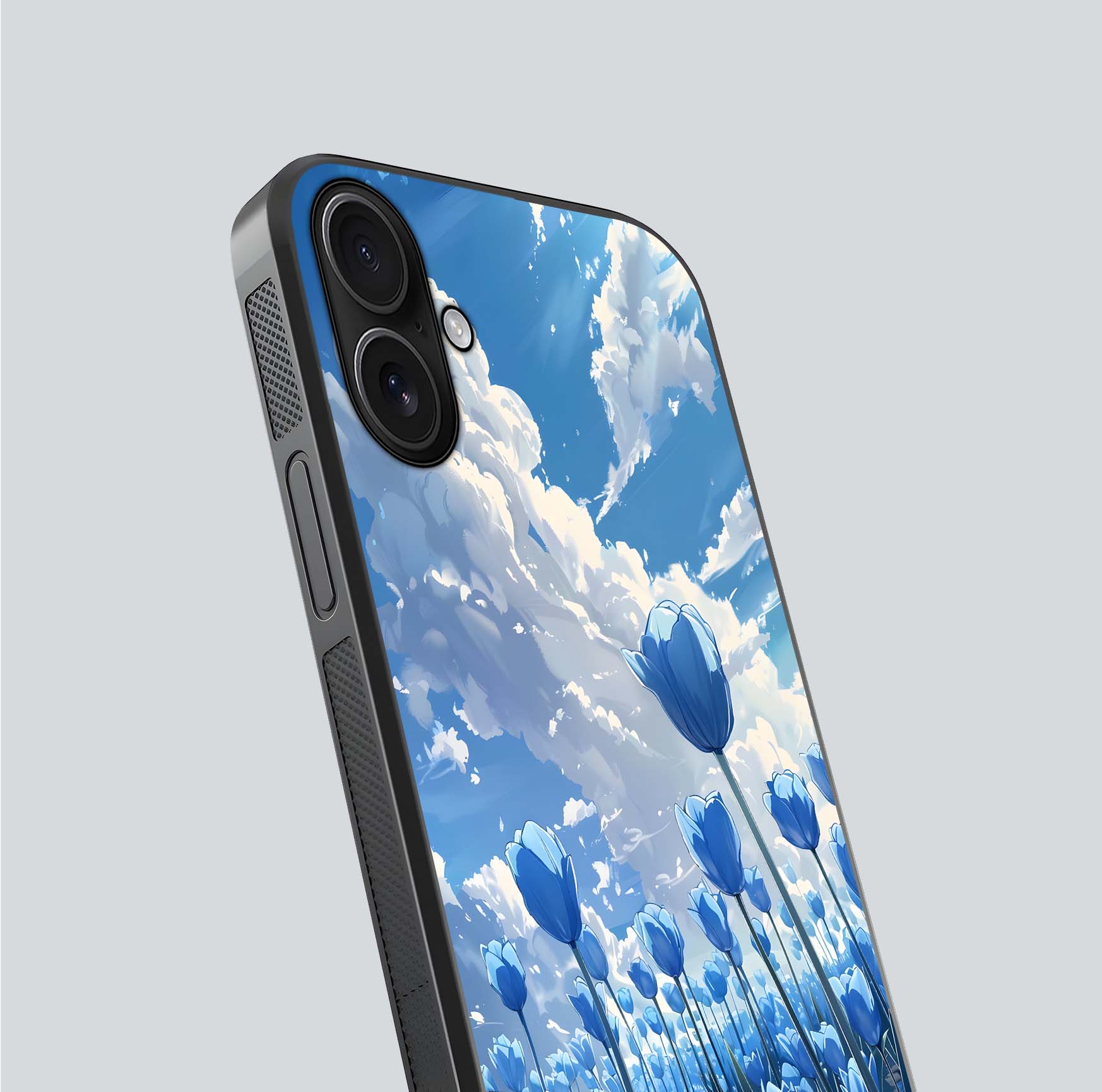 Blue Tulip Clouds Glass Case for iPhone 16 close-up image highlighting tulip petals, clouds, and reflection texture