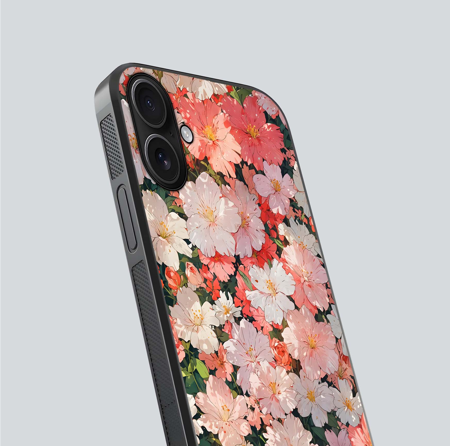 Blush Bloom Field Glass Case for iPhone 16 close-up shot capturing pastel flower field tones and gloss shine