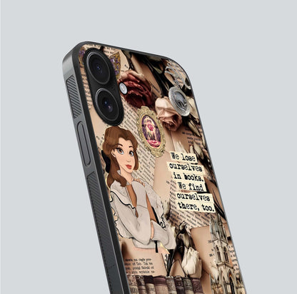 Bookish Dream World Glass Case for iPhone 16 close-up shot highlighting book elements and reflection gloss
