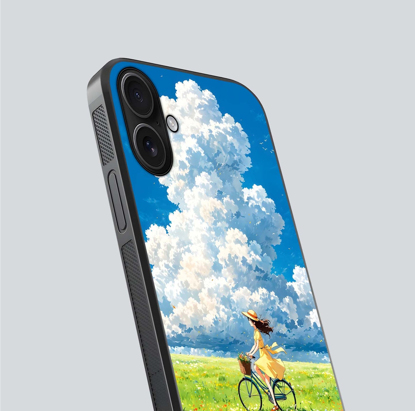 Breezy Meadow Ride Glass Case for iPhone 16 close-up shot showing flowers and breezy motion texture