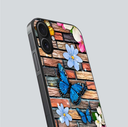 Brick Bloom Flight Glass Case for iPhone 16 close-up angle highlighting flower clusters and reflection detail