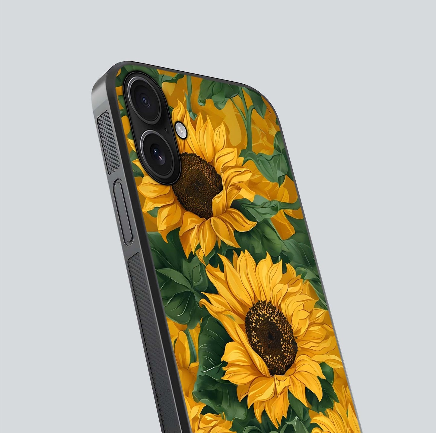 Bright Sunflower Bloom Glass Case for iPhone 16 close-up image highlighting yellow petal detail and HD reflection