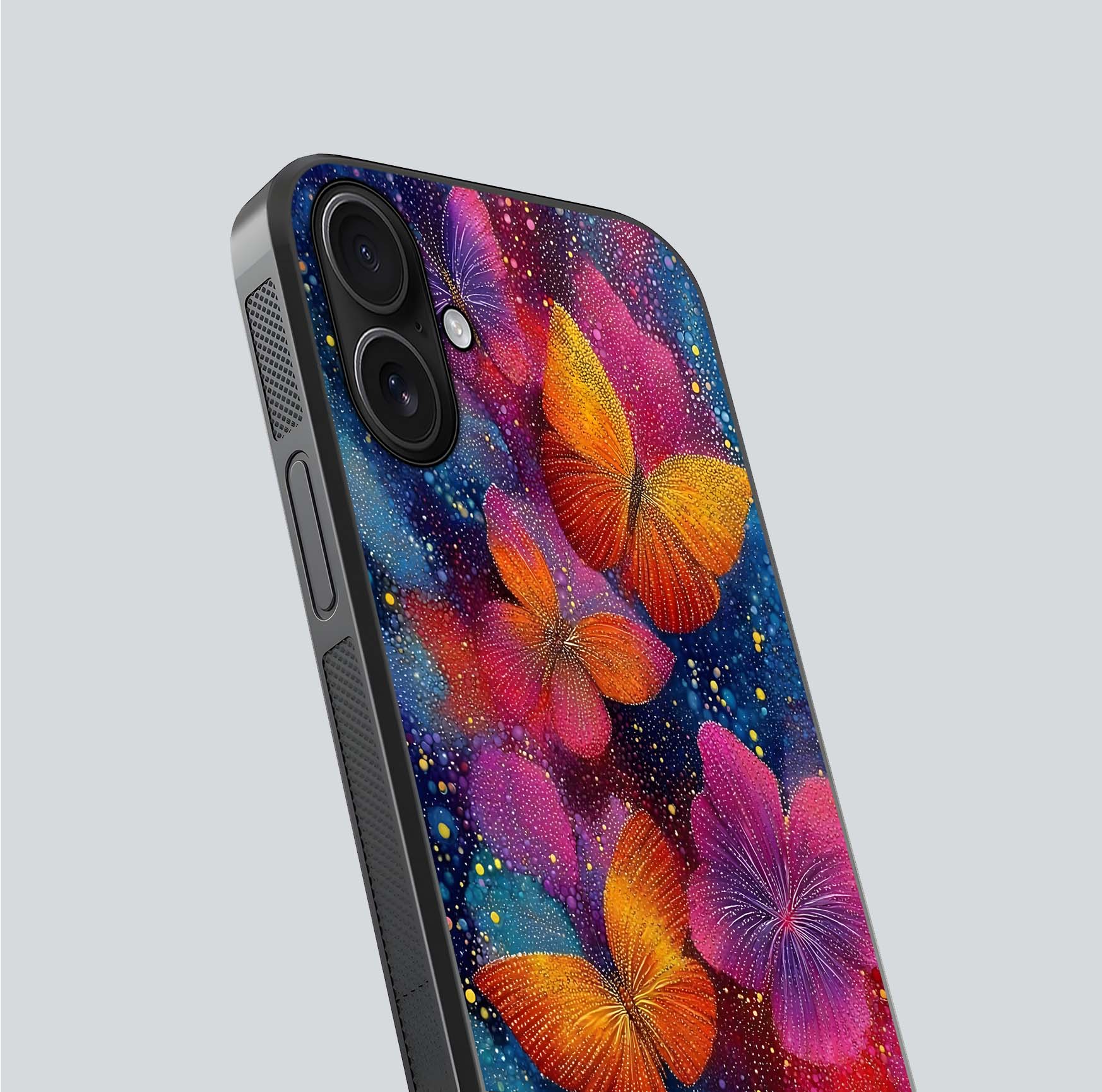 Butterfly Dream Mist Glass Case for iPhone 16 close-up capturing wing pattern detail and glossy finish texture
