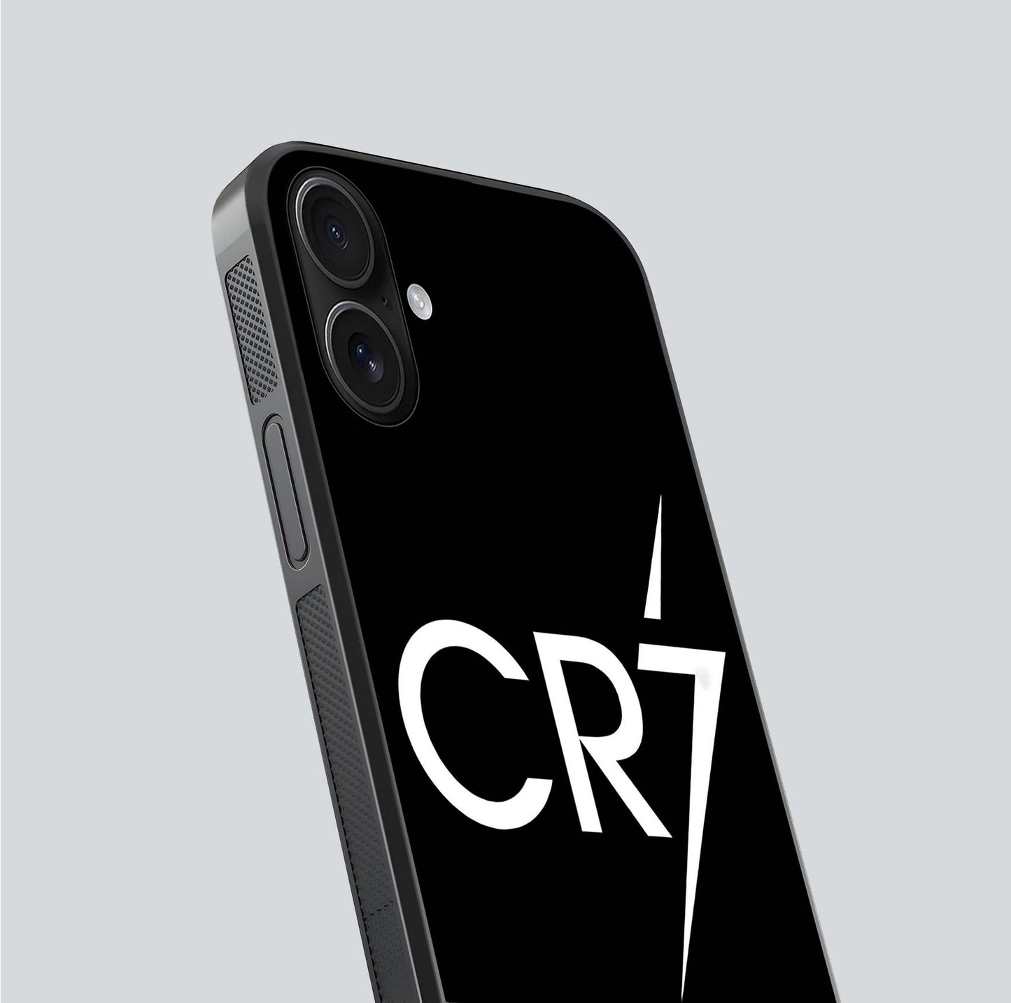 CR7 Elite Strike Glass Case for iPhone 16 close-up highlighting CR7 artwork and shine reflection