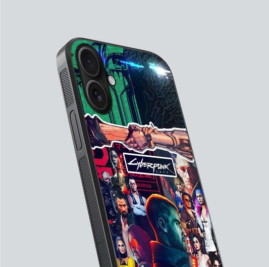 CYBERPUNK Legacy Glass Case for iPhone 16 close-up highlighting circuit texture and reflection tone
