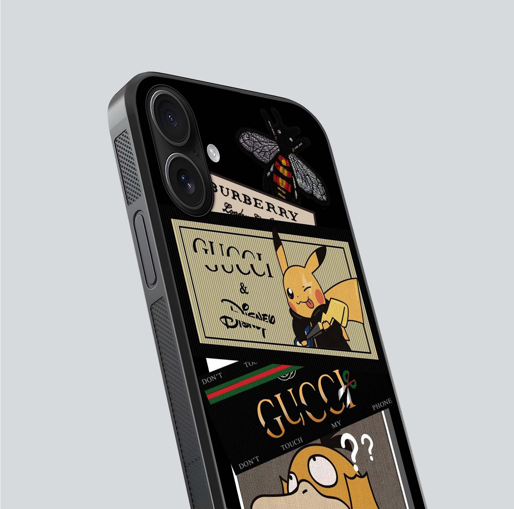 Cartoon Brand Play Mashup Glass Case for iPhone 16 close-up angled shot showing character details and vibrant tones