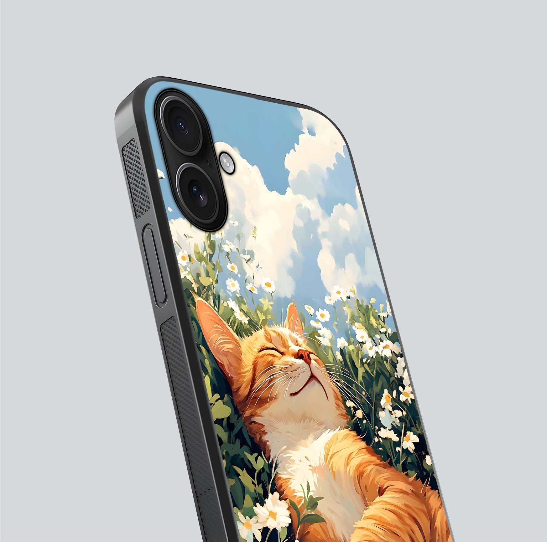 Cat & Flowers View Glass Case for iPhone 16 close-up view highlighting cat expression and petal detail