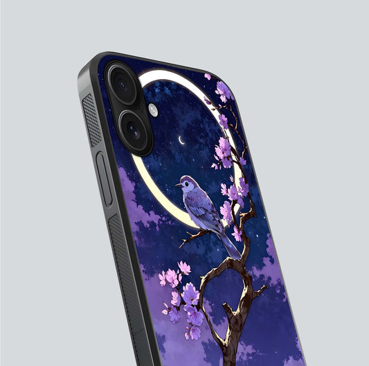 Celestial Bird Blossom Glass Case for iPhone 16 close-up capturing bird detail, petal reflection, and gloss shine