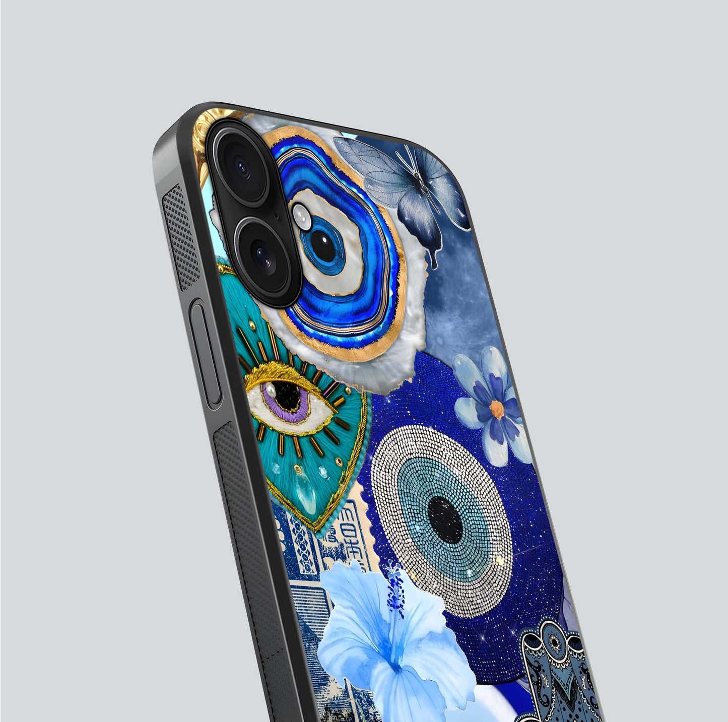 Celestial Blue Vision Glass Case for iPhone 16 close-up shot highlighting reflection details and smooth edge polish