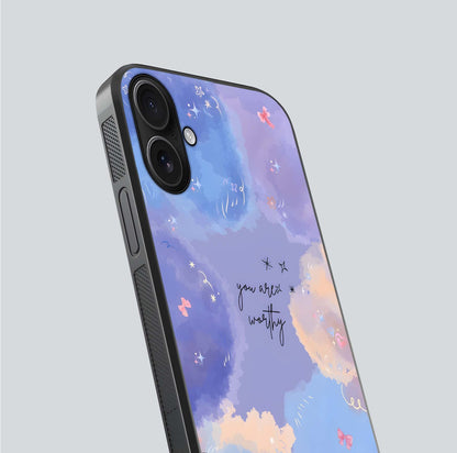 Celestial Cloud Magic Glass Case for iPhone 16 close-up highlighting smooth gradient and gloss surface