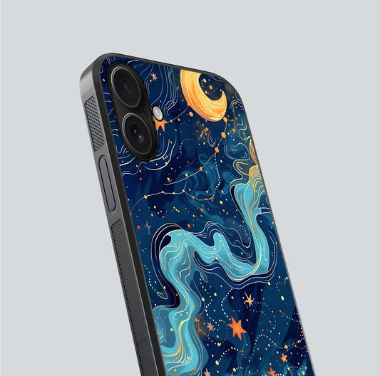 Celestial Dream Flow Glass Case for iPhone 16 close-up highlighting star reflections and smooth glow gradient