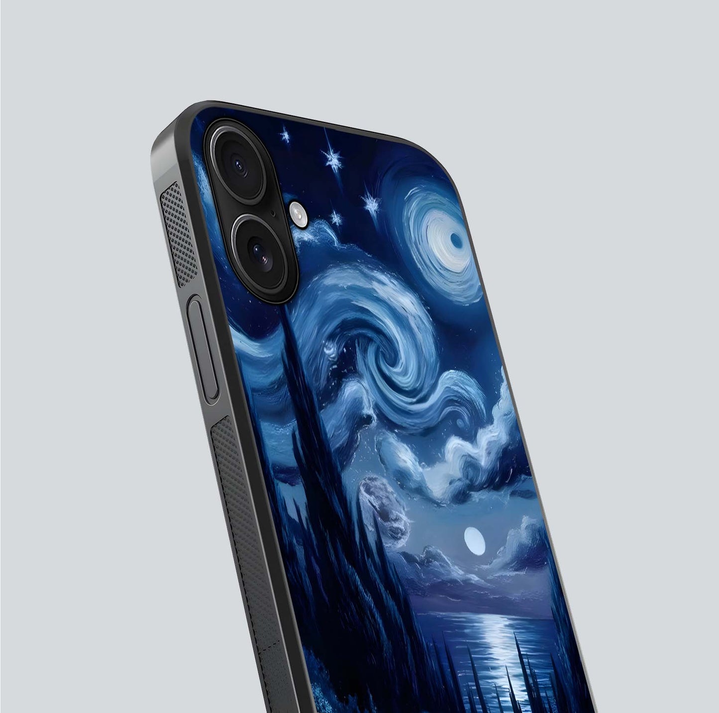 Celestial Dream Van Gogh Glass Case for iPhone 16 close-up view capturing vivid brush details and star reflection