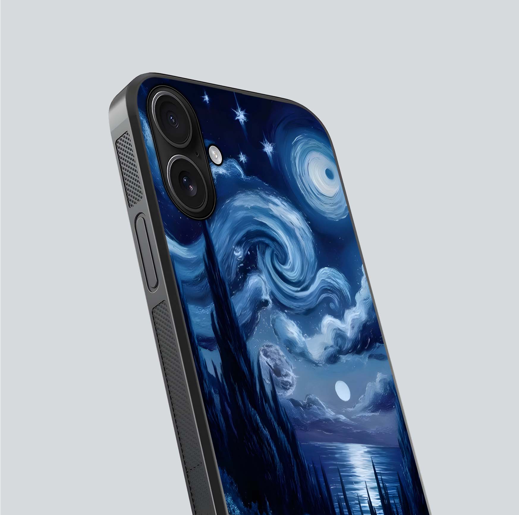 Celestial Dream Van Gogh Glass Case for iPhone 16 close-up view capturing vivid brush details and star reflection