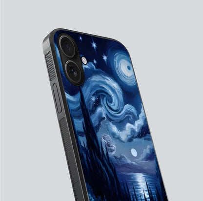 Celestial Dream Van Gogh Glass Case for iPhone 16 close-up view capturing vivid brush details and star reflection