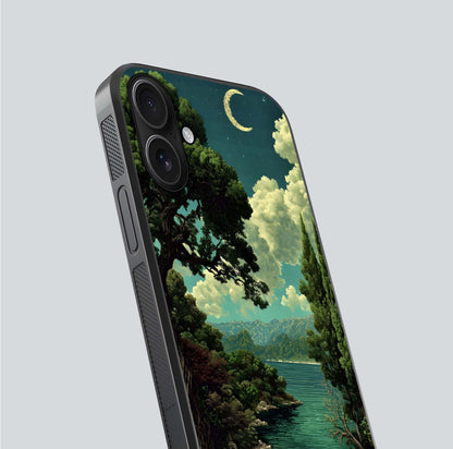 Celestial Lake Peace Glass Case for iPhone 16 close-up highlighting moon reflection and glossy texture