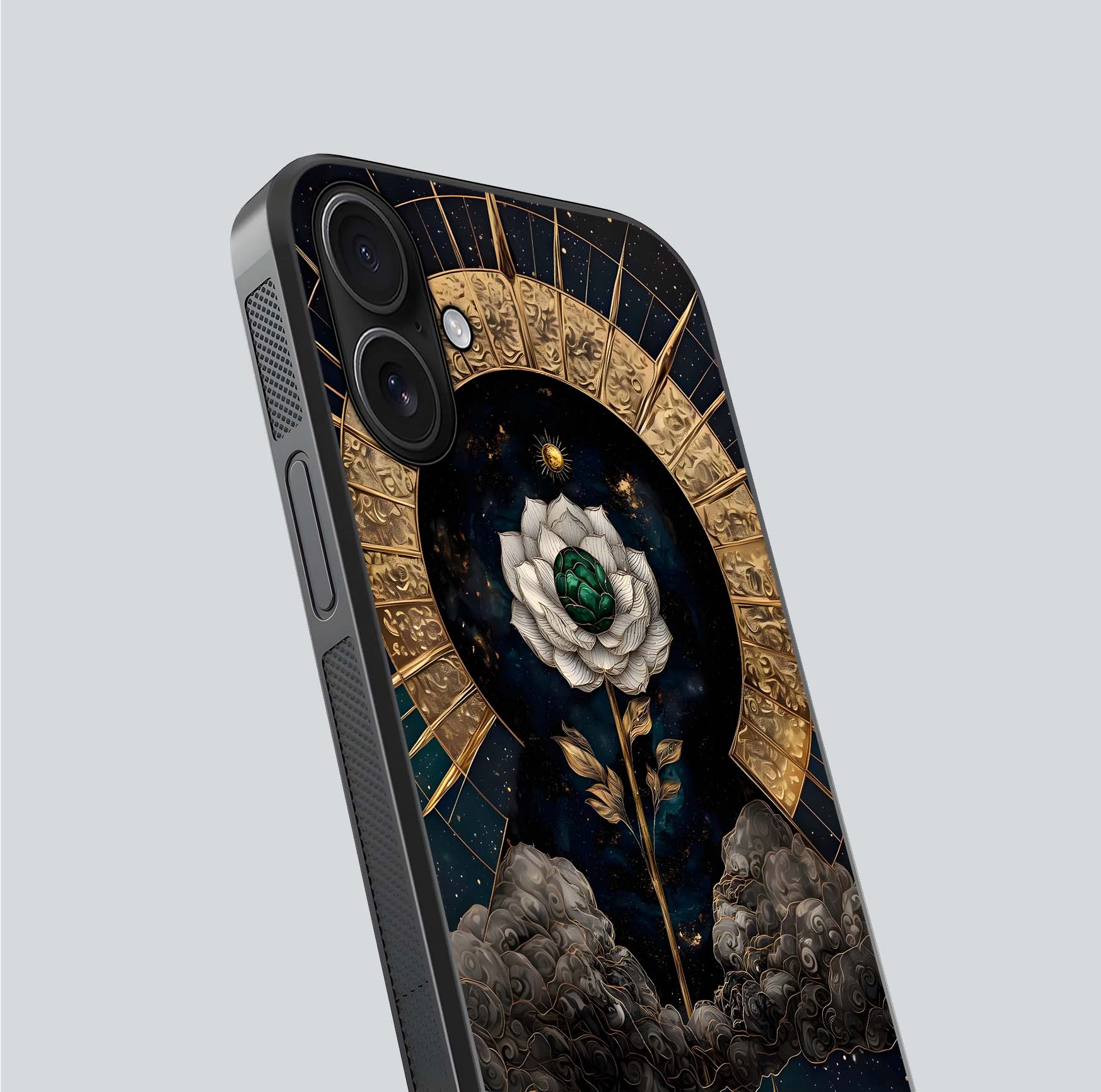 Celestial Lotus Morang Glass Case for iPhone 16 close-up highlighting pink lotus petals and reflection