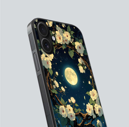 Celestial Moon & Flower Glass Case for iPhone 16 close-up capturing petal reflection and moonlight contrast