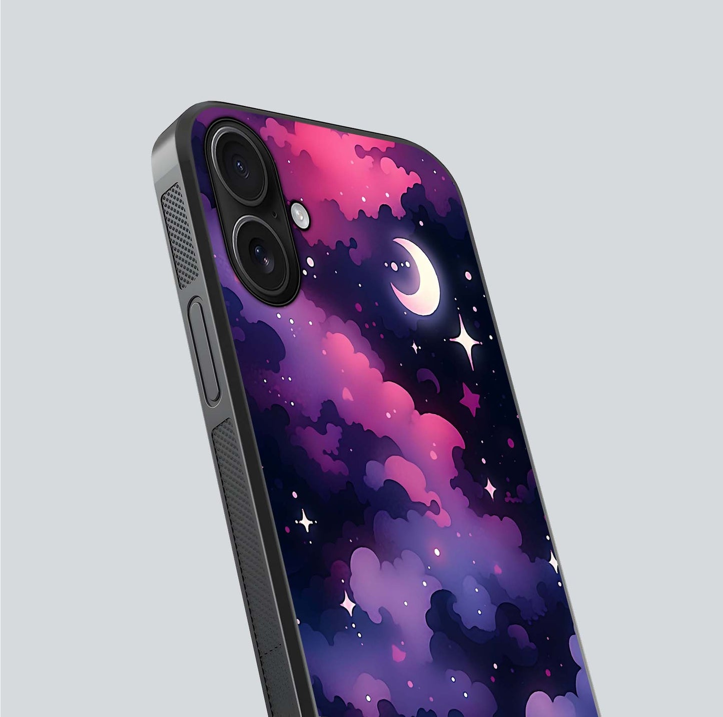 Celestial Moon Magic Glass Case for iPhone 16 close-up view highlighting moon crater detail and glass shine