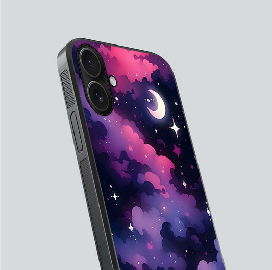 Celestial Moon Magic Glass Case for iPhone 16 close-up view highlighting moon crater detail and glass shine