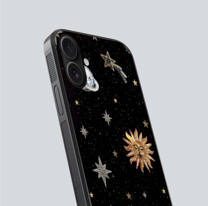 Celestial Moon With Stars Glass Case for iPhone 16 close-up showing cosmic reflection and HD shine