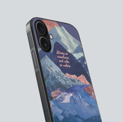 Celestial Mountain Calm Glass Case for iPhone 16 close-up showing peak reflection and HD gloss texture