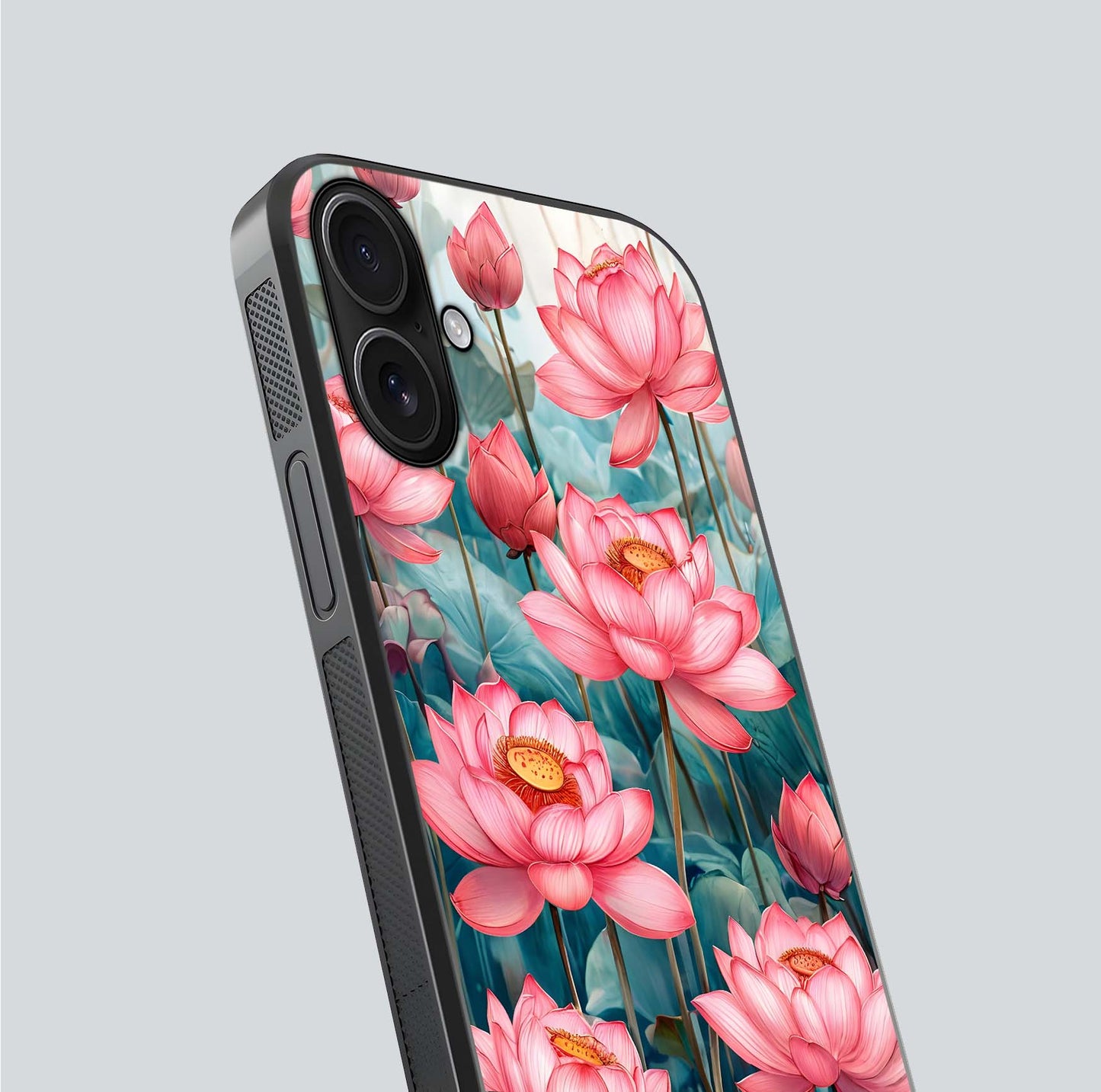 Celestial Pink Lotus Glass Case for iPhone 16 close-up highlighting petal detail and HD glass reflection