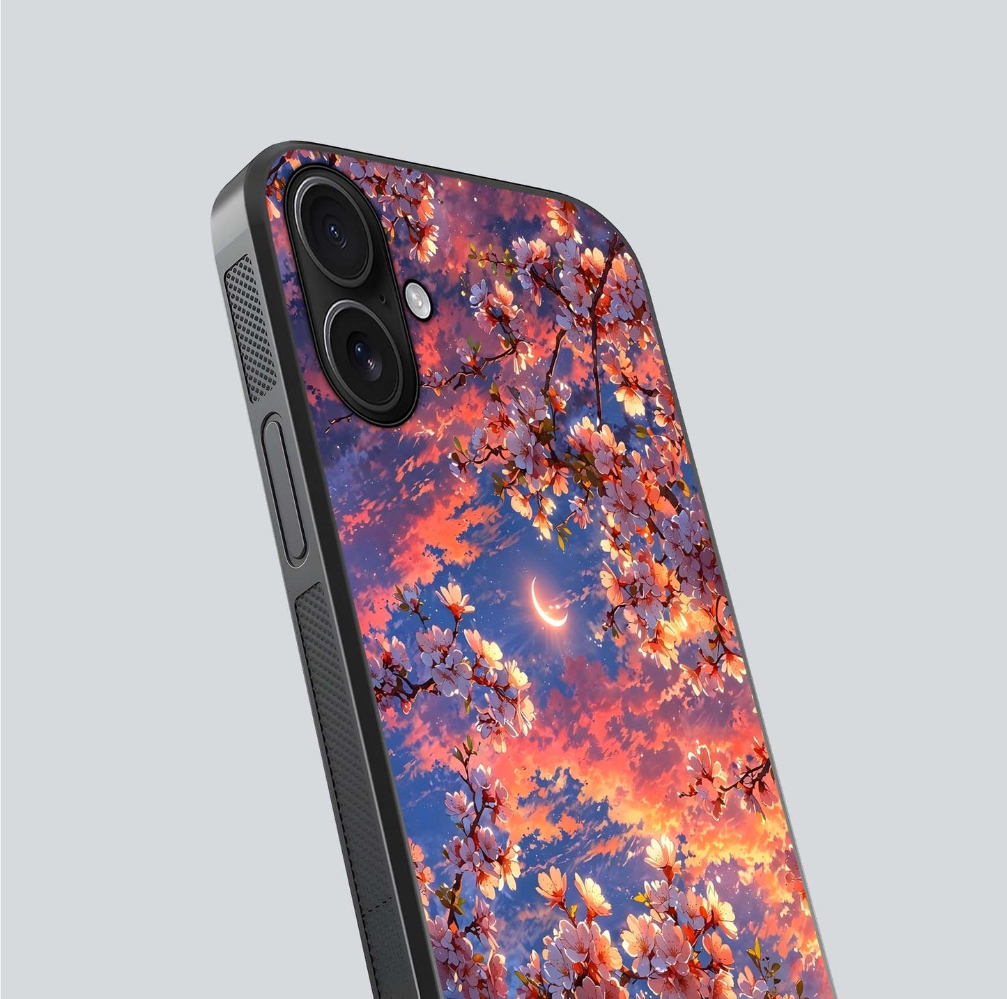 Celestial Sakura Sunset Glass Case for iPhone 16 close-up image highlighting blossom petals and gloss shine