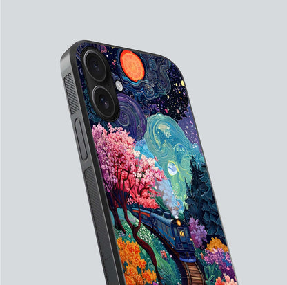 Celestial Train Journey Glass Case for iPhone 16 close-up highlighting train lights, cosmic tones, and reflection detail
