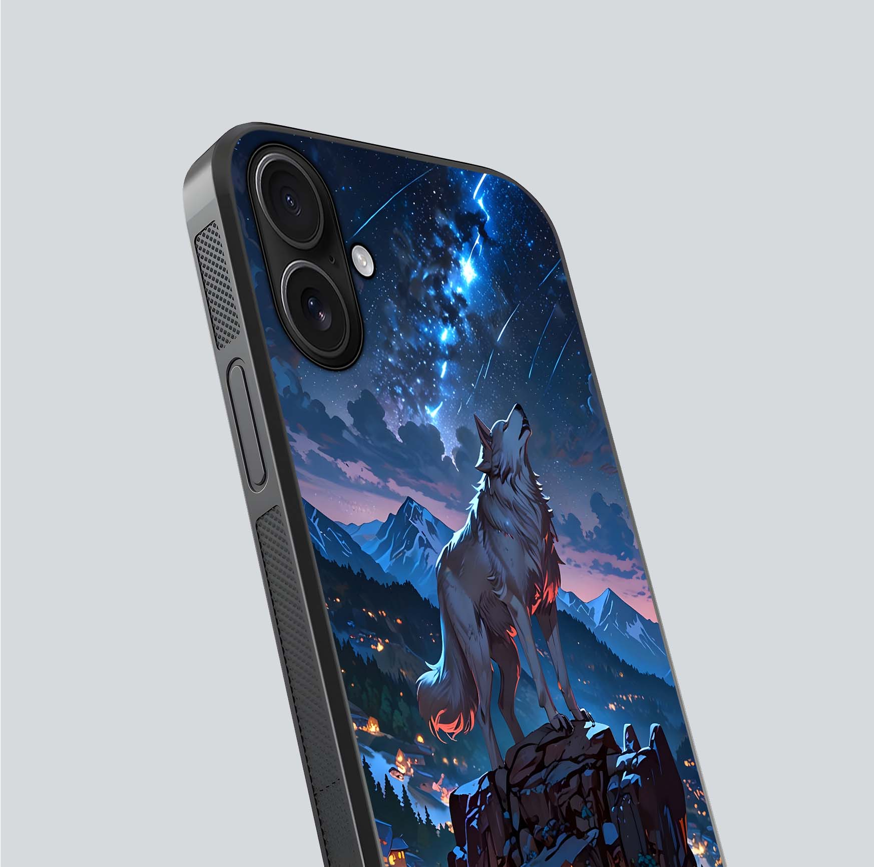 Celestial Wolf Howl Glass Case for iPhone 16 close-up showing wolf silhouette and glowing moon reflection