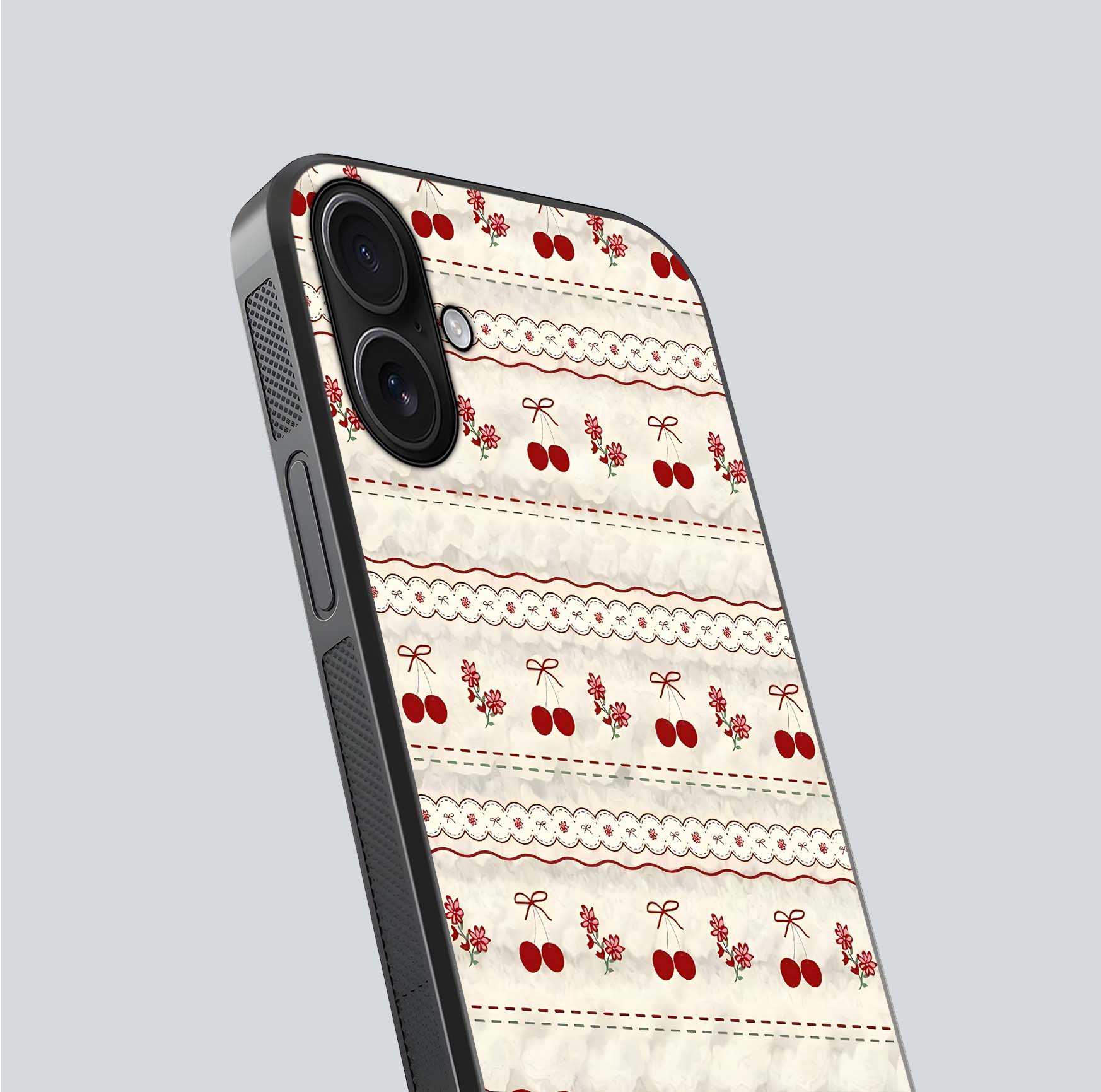 Cherry Bloom Charm Glass Case for iPhone 16 close-up showing pink petals and reflection detail