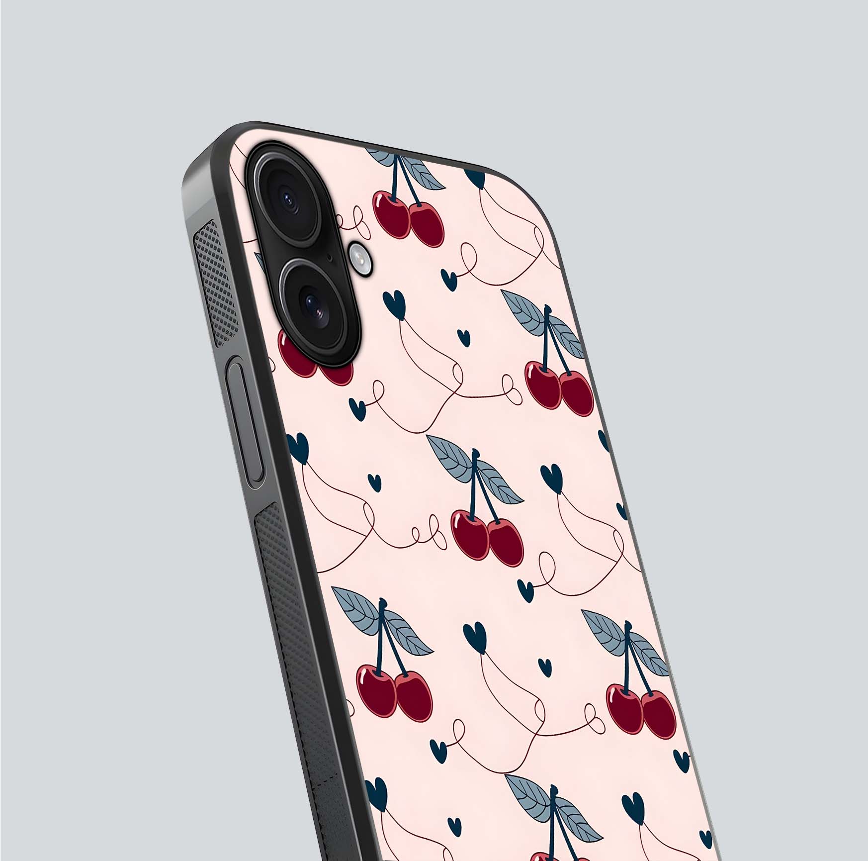 Cherry Heart Line Glass Case for iPhone 16 close-up showing heart outline and HD reflection gloss