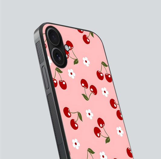 Cherry Love Mood Glass Case for iPhone 16 close-up highlighting cherry heart pattern and reflection shine