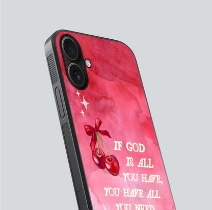 Cherry Quote Glass Case for iPhone 16 close-up showing printed quote detail and HD reflection gloss