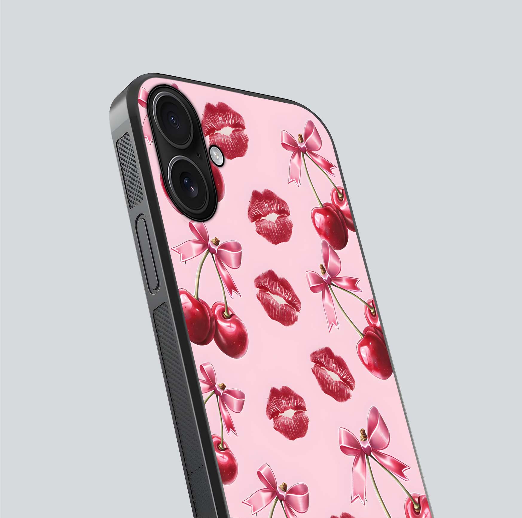 Cherry With Lips Glass Case for iPhone 16 close-up view highlighting lips texture and reflection shine