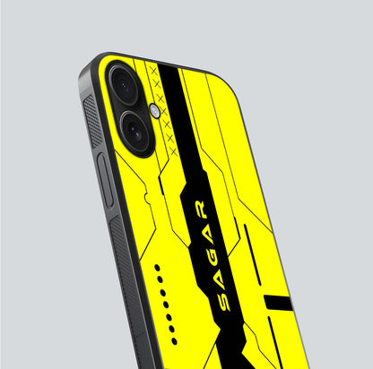 Circuit CYBERPUNK Custom Name Glass Case for iPhone 16 close-up highlighting neon lines, futuristic tones, and gloss reflection