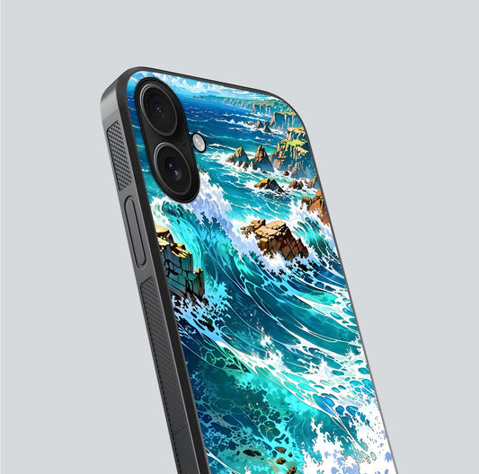 Coastal Blue Waves Glass Case for iPhone 16 close-up highlighting wave texture and blue shine