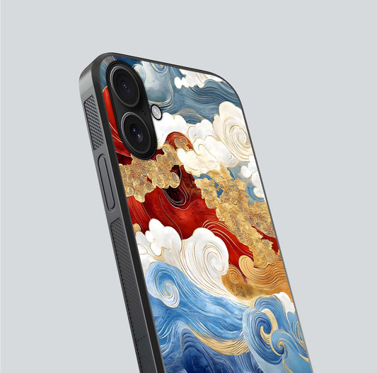 Colored Waves Glass Case for iPhone 16 close-up angled shot highlighting gradient flow and light reflection