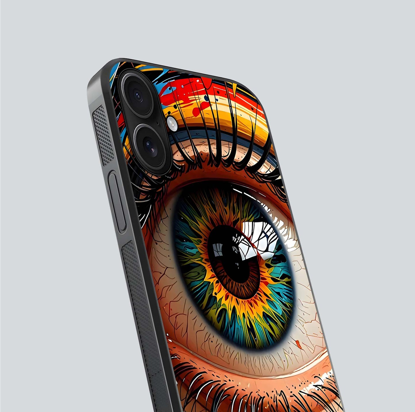 Colorful Eye Glass Case for iPhone 16 close-up highlighting eye pattern detail and reflection shine