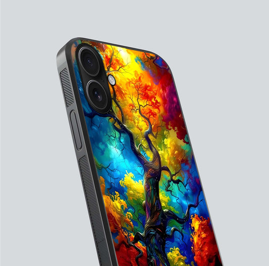 Colorful Tree Glass Case for iPhone 16 close-up highlighting leaf detail, gradient colors, and shine
