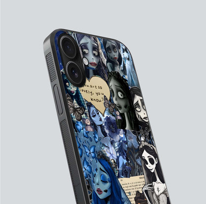 Corpse Bride Posters Glass Case for iPhone 16 close-up highlighting detailed artwork and reflection polish