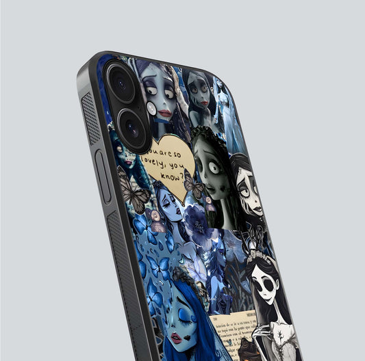 Corpse Bride Posters Glass Case for iPhone 16 close-up highlighting detailed artwork and reflection polish