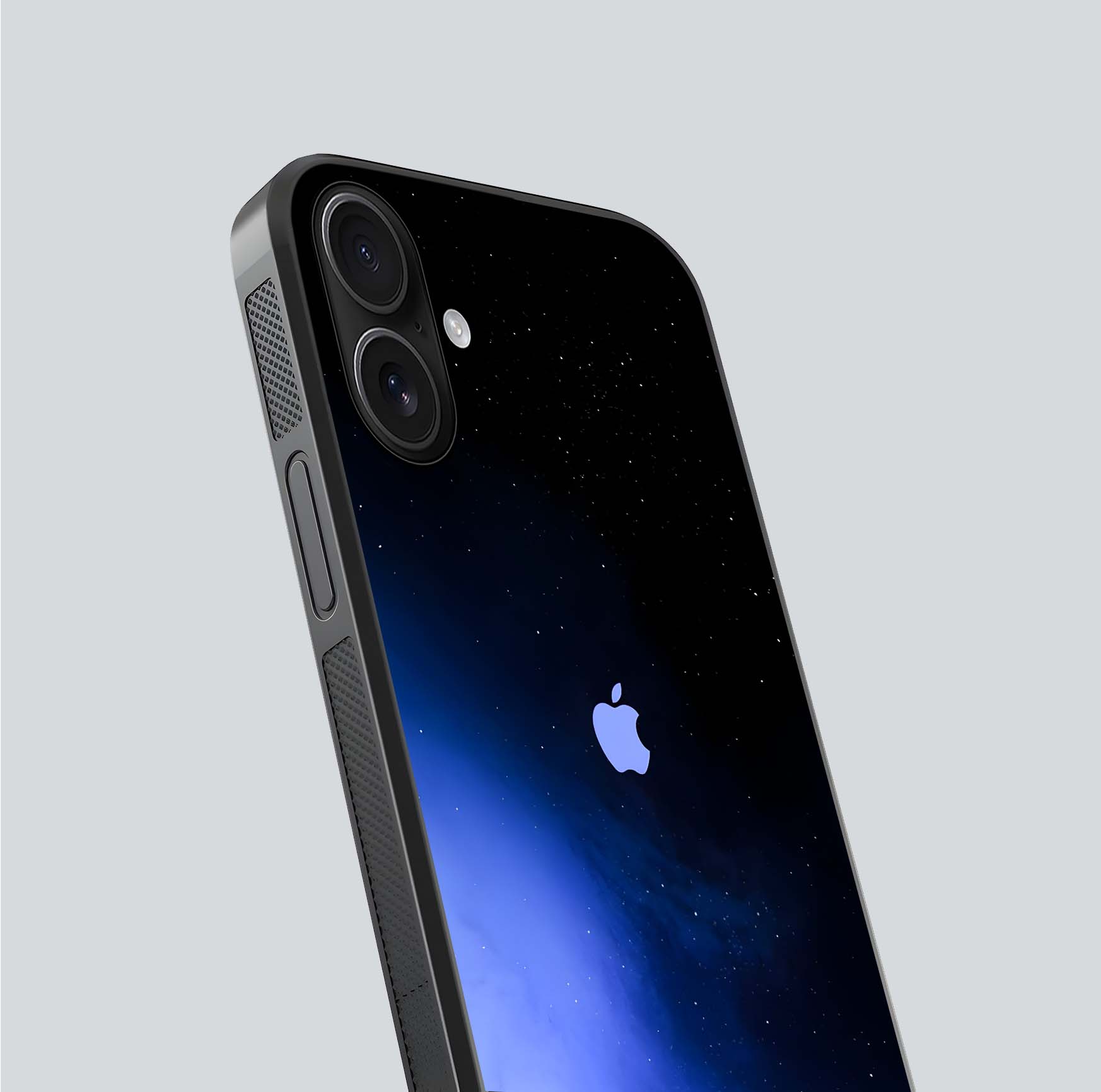 Cosmic Blue Apple Glass Case for iPhone 16 close-up highlighting galaxy pattern, shine, and reflection detail